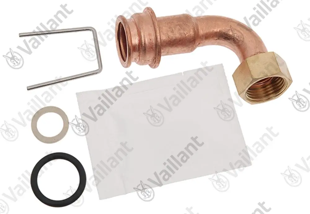 Vaillant Rohr mit einer gebogenen Kupferleitung und Schraubverbindung, inklusive Dichtungen und einem Halterungswerkzeug.
